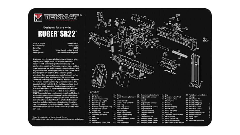 BECK TEK, LLC TEKMAT TEKR17RUGERSR22 Ruger SR22 Handgun Cleaning Mat 11x17x
