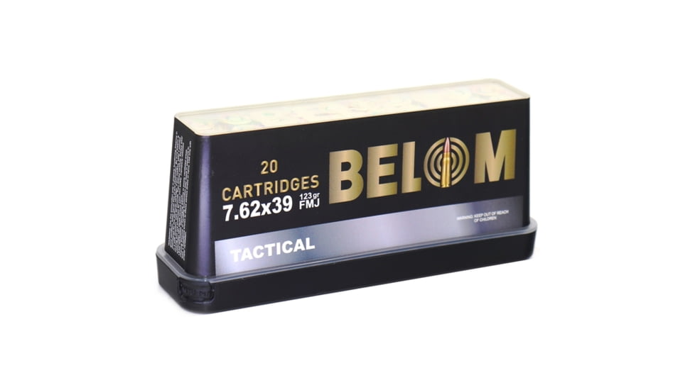 Belom 7.62x39mm, 123 Grain, Full Metal Jacket FMJ, Brass Cased, Non-Corrosive, Boxer Primed, Centerfire Rifle Ammo, 20 Rounds, 8606110608093
