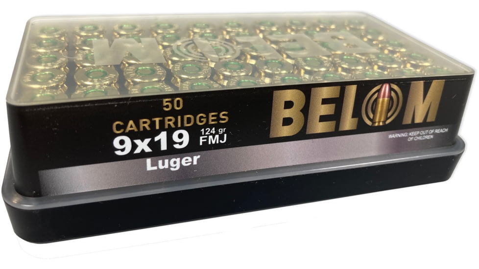 Belom 9mm Luger, 124 Grain, Full Metal Jacket FMJ, Brass Cased, Centerfire Pistol Ammo, 50 Rounds, 8606110608086