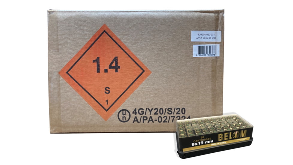 Belom 9x19mm 124 Grain Full Metal Jacket Brass Cased Centerfire Pistol Ammo, 1000 Rounds, 8606110608178