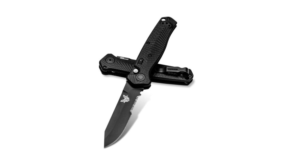 Benchmade Autocrat Automatic Folding Knife, 3.3in, Coated, Serrated, Reverse Tanto, G10 black handle, 8551SBK