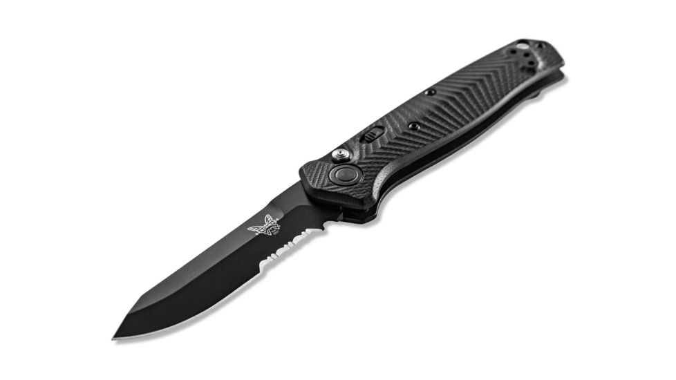 Benchmade Autocrat Automatic Folding Knife, 3.3in, Coated, Serrated, Reverse Tanto, G10 black handle, 8551SBK