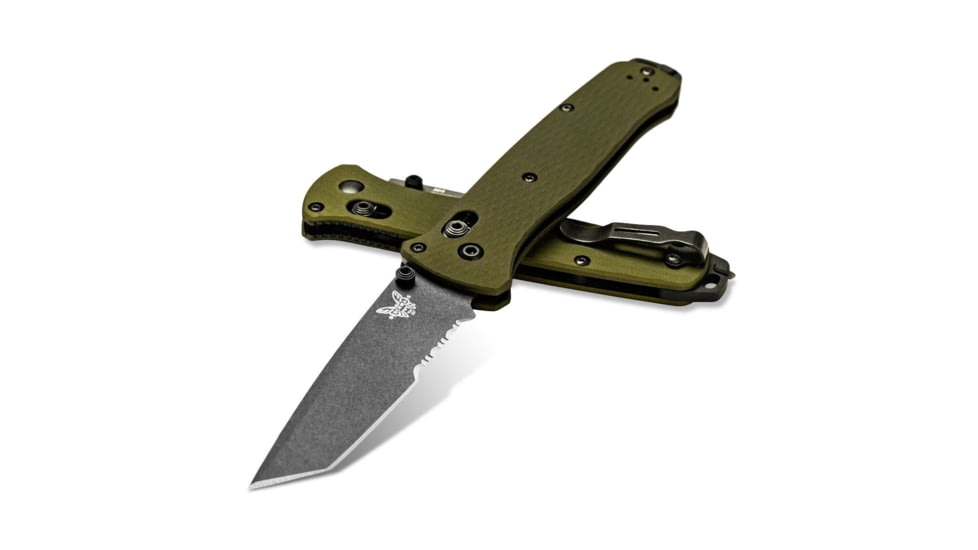 Benchmade Bailout Folding Knife, 3.38 in, CPM-M4 Steel, Serrated Tanto Blade, 6061-T6 Aluminum, Woodland Green Handle, 537SGY-1