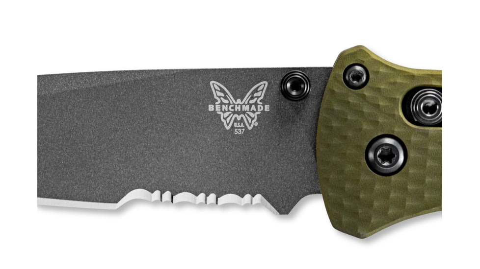 Benchmade Bailout Folding Knife, 3.38 in, CPM-M4 Steel, Serrated Tanto Blade, 6061-T6 Aluminum, Woodland Green Handle, 537SGY-1