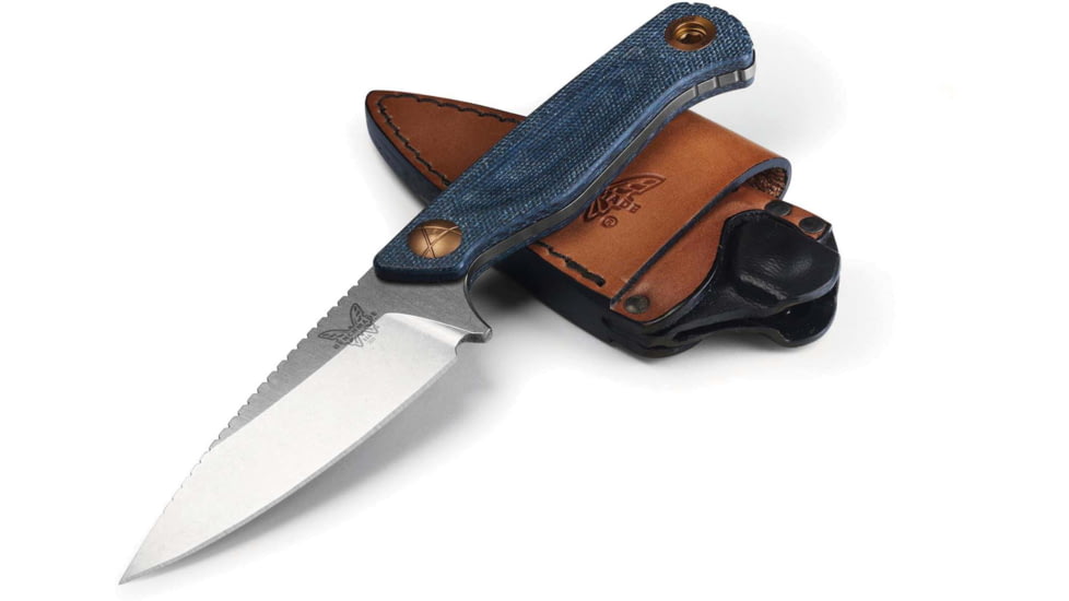 Benchmade Dacian Fixed Blade Knife, 3.54in, Magnacut Stainless Steel, Spear-Point, Micarta, Blue Denim, Brown Sheath, 203-04