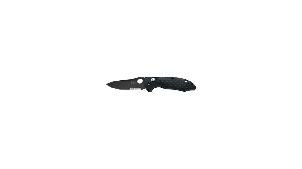 Heckler &amp; Koch 14410/14411 Soldat Push Button Knife w/ Combo Edge BK Drop Point Blade &amp; Black Handle 14411SBK