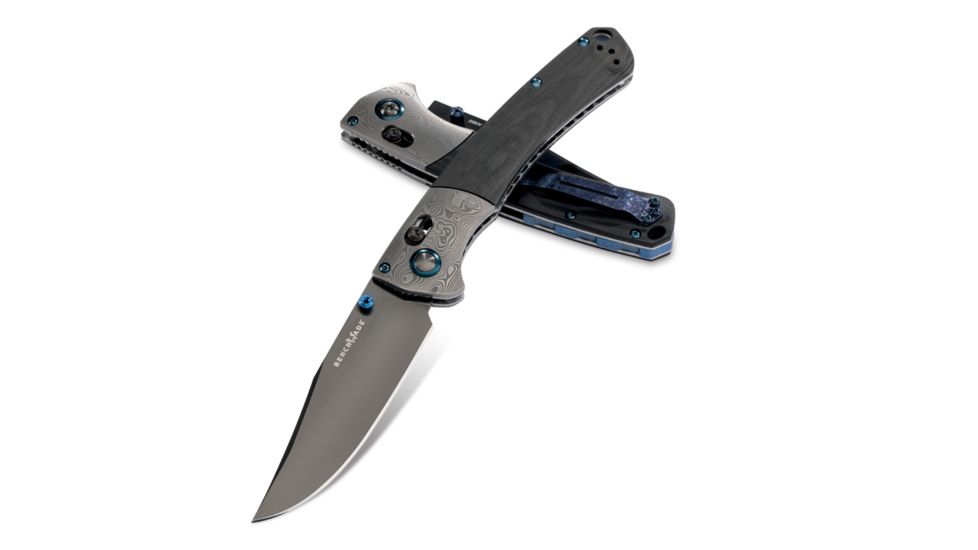 Benchmade Limited Edition Gold Class Crooked River Folding Knife, 4 in, CPN-20CV SS, Black DLC Clip-point Blade w/ Crowned Spine, Carbon Fiber Handle, Black/Blue, 15080BK-191