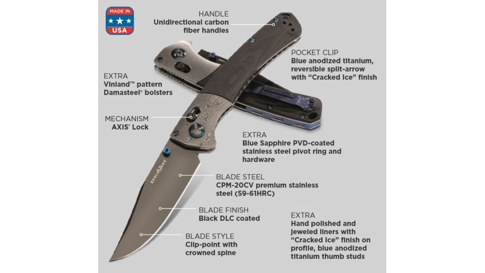 Benchmade Limited Edition Gold Class Crooked River Folding Knife, 4 in, CPN-20CV SS, Black DLC Clip-point Blade w/ Crowned Spine, Carbon Fiber Handle, Black/Blue, 15080BK-191