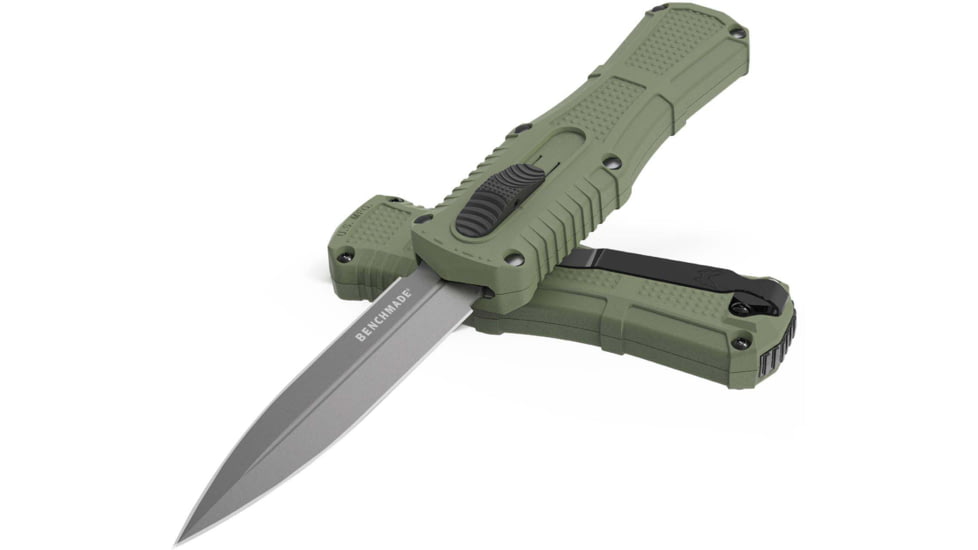 Benchmade Black Class Mini Claymore OTF Automatic Folding Knife, 3.02 in, CPM-D2 Steel, Dagger Blade, Grivory, Ranger Green Handle, 3375GY-1