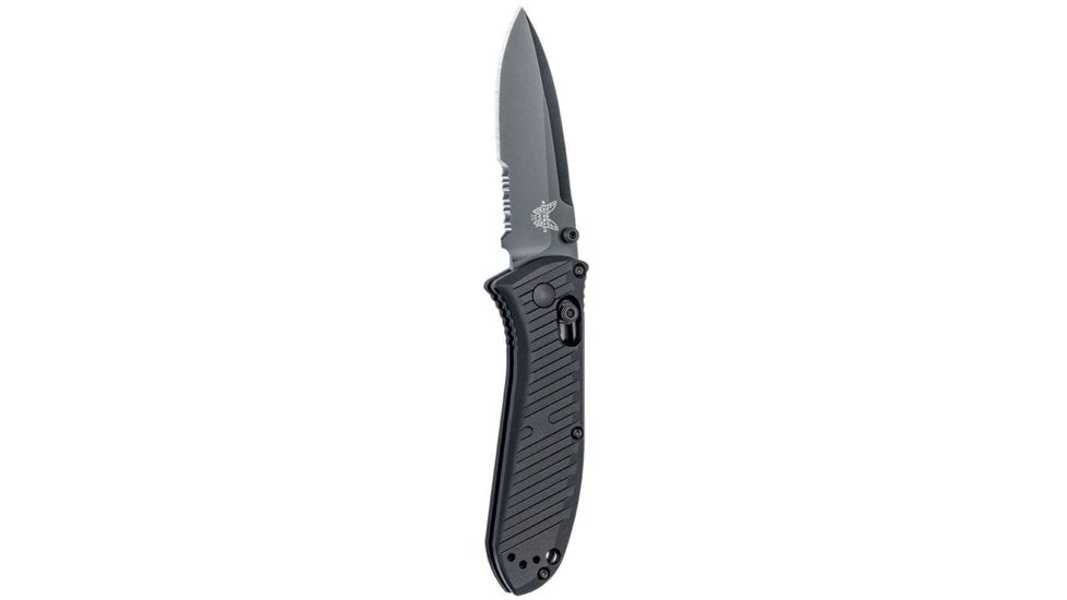 Benchmade Mini Presidio II Axis Folding Knife, Serrated Edge Coated Drop Point Blade, 3.2in, Black Anodized Billet Aluminum Handle, 575SBK