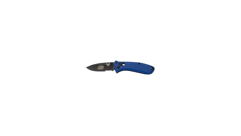 Benchmade 527 Mini-Presidio Ultra Knife by Pardue Design w/ Combo Edge USA Shooting Team Logo on BK1 Blade &amp; Blue Handle 527SBK-USA