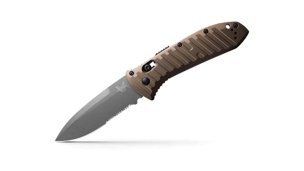 Benchmade Presidio II Axis Automatic Folding Knife, 3.72in, CPM-M4 Super Steel, Drop Point Serrated Blade, 6061-T6 Aluminum, Burnt Bronze Anodized Handle, 5700SGY-1