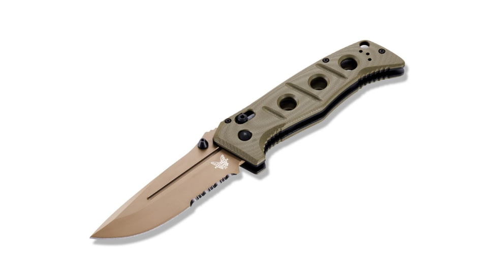 Benchmade Sibert Adamas Axis Stud Folding Knife, 3.82in, CPM-CruWear Steel, Drop Point, Serrated, Flat Earth Coated Blade, Contoured G-10 Handle, Olive Drab, 275SFE-2