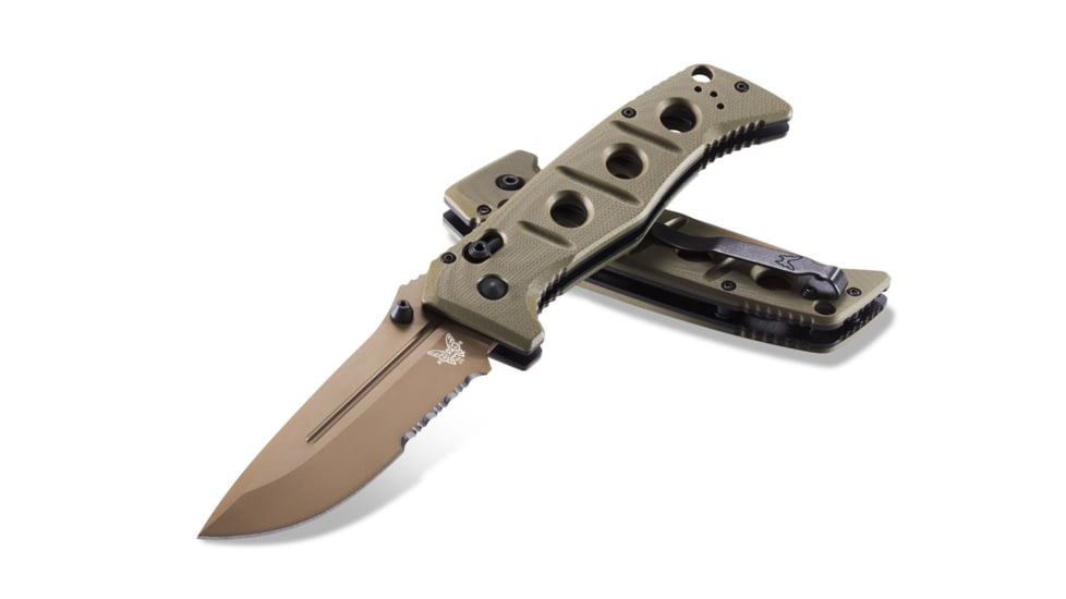 Benchmade Sibert Adamas Axis Stud Folding Knife, 3.82in, CPM-CruWear Steel, Drop Point, Serrated, Flat Earth Coated Blade, Contoured G-10 Handle, Olive Drab, 275SFE-2