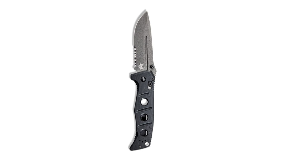 Benchmade Sibert Adamas Axis Stud Folding Knife, 3.82in, CPM-CruWear Steel, Drop Point Serrated Grey Coated Blade, Contoured G10, Black Handle 275SGY-1