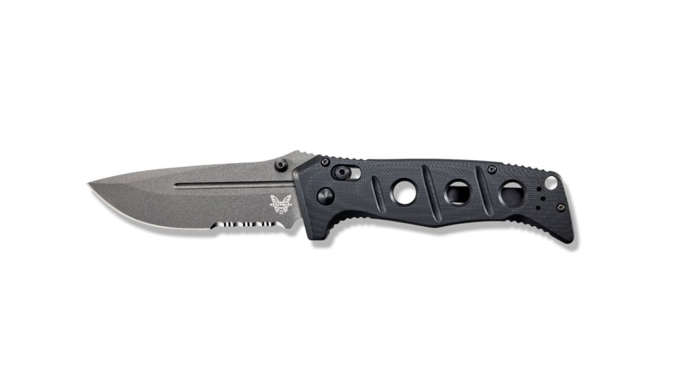 Benchmade Sibert Adamas Axis Stud Folding Knife, 3.82in, CPM-CruWear Steel, Drop Point Serrated Grey Coated Blade, Contoured G10, Black Handle 275SGY-1
