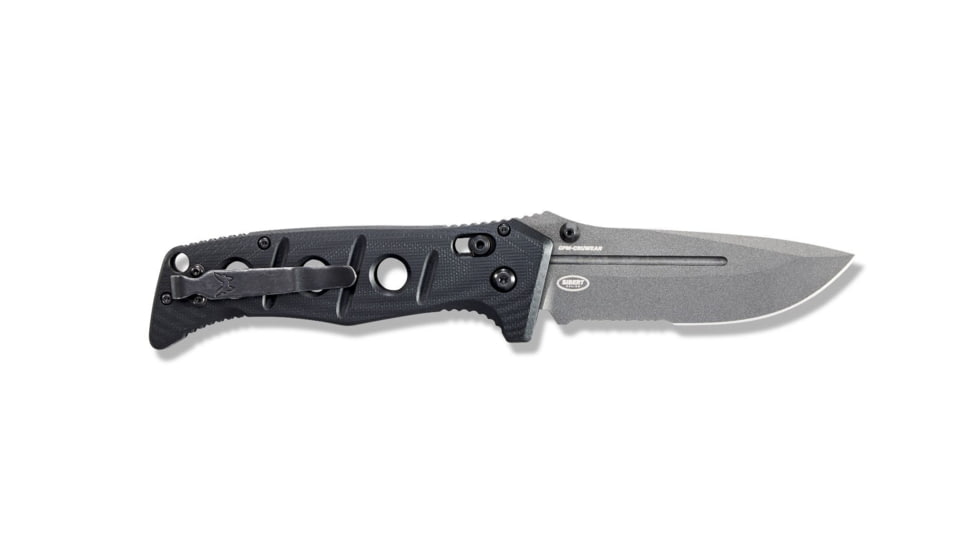 Benchmade Sibert Adamas Axis Stud Folding Knife, 3.82in, CPM-CruWear Steel, Drop Point Serrated Grey Coated Blade, Contoured G10, Black Handle 275SGY-1