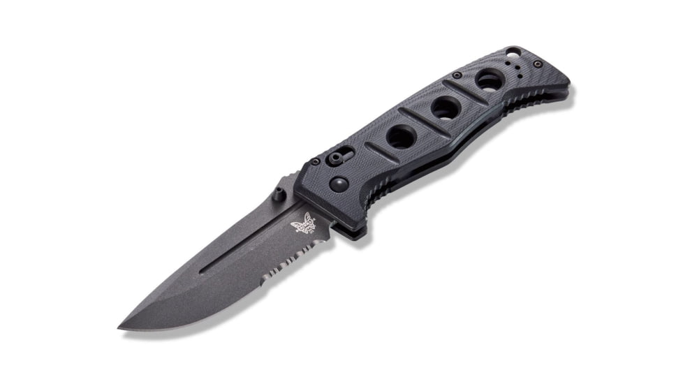 Benchmade Sibert Adamas Axis Stud Folding Knife, 3.82in, CPM-CruWear Steel, Drop Point Serrated Grey Coated Blade, Contoured G10, Black Handle 275SGY-1