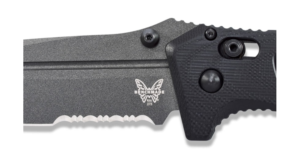 Benchmade Sibert Adamas Axis Stud Folding Knife, 3.82in, CPM-CruWear Steel, Drop Point Serrated Grey Coated Blade, Contoured G10, Black Handle 275SGY-1