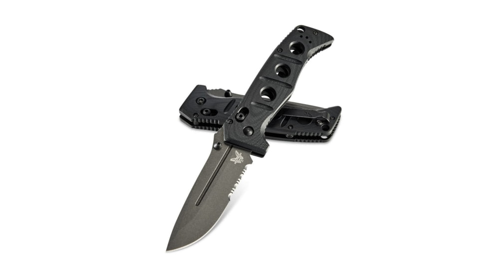 Benchmade Sibert Adamas Axis Stud Folding Knife, 3.82in, CPM-CruWear Steel, Drop Point Serrated Grey Coated Blade, Contoured G10, Black Handle 275SGY-1