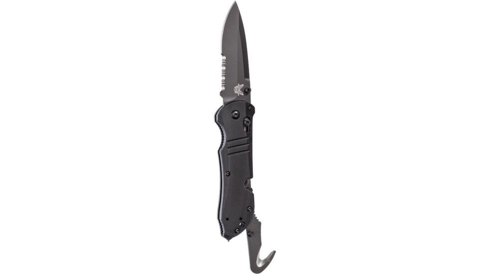 Benchmade Tactical Triage Axis Folding Knife, Serrated Edge Coated Drop Point Blade, 3.48in, Black G10 Handle, 917SBK