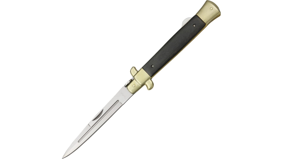 Benchmark Large Stiletto Folding Knife, 4.75in Mirror False Edge SS Stiletto Style Blade, Black Wood Handle, Brass Bolster, Black, BMK035