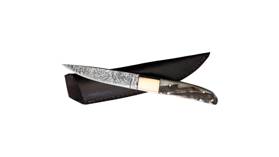 Benjamin Fixed Blade Ram Horn Knife, 8.88in Overall, 4.25in, Damascus Steel Blade, Ram's Horn Handle, Leather Sheath, BK-A034