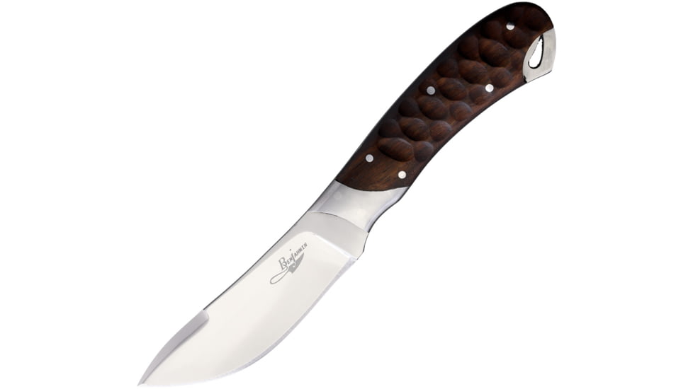 Benjamin Skinner Fixed Blade Knife, 8in Overall, 3.75in, Stainless Steel, Mirror Blade, Sculpted Walnut Handle, Leather Sheath, BK-A035