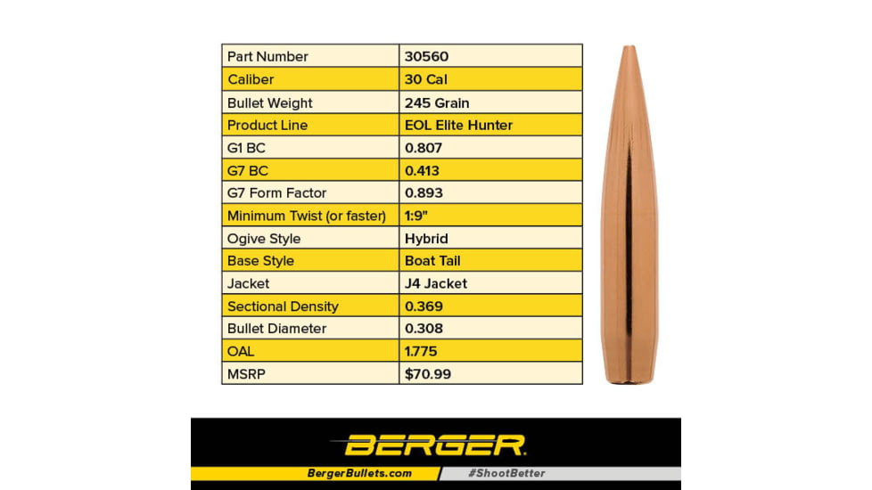 Berger 30 cal 245 gr EOL Elite Hunter, 100 Pk, 30560