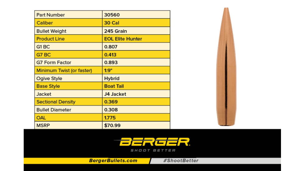 Berger 30 cal 245 gr EOL Elite Hunter, 100 Pk, 30560