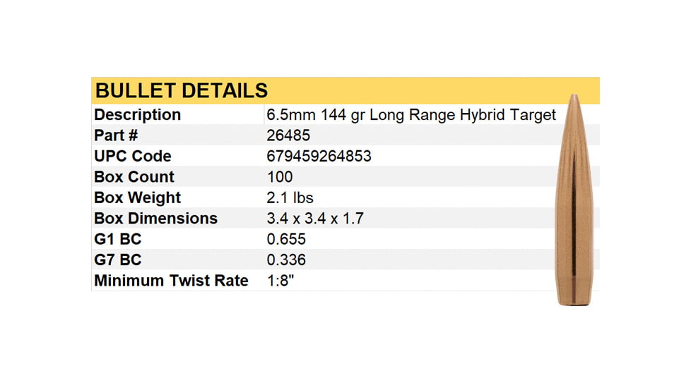 Berger's Long Range Hybrid Target 6.5mm Caliber 144 Grain Boat Tail Rifle Bullets, 100 Bullets, 26485