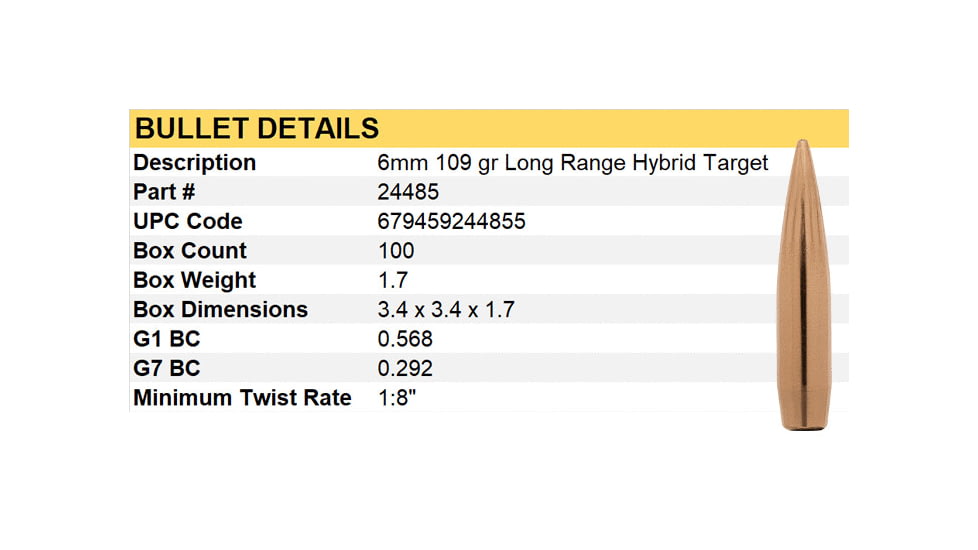 Berger Long Range Hybrid Target 6mm Caliber 109 Grain Long Range Hybrid Rifle Bullets, 100 Bullet, 24485