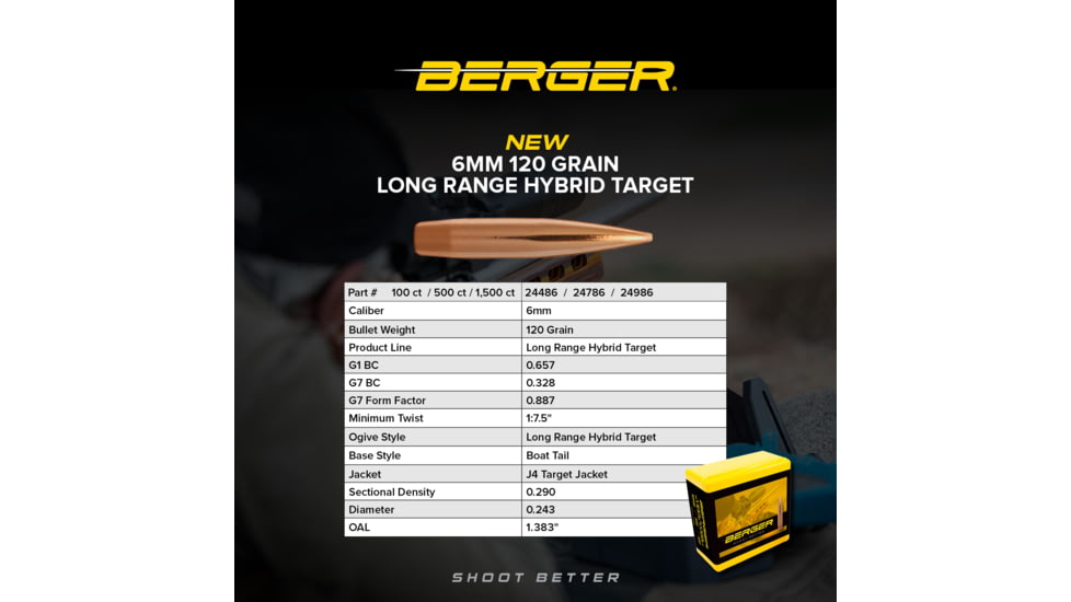 Berger 6mm 120 grain Long Range Hybrid Target Bullets, 100, 24486