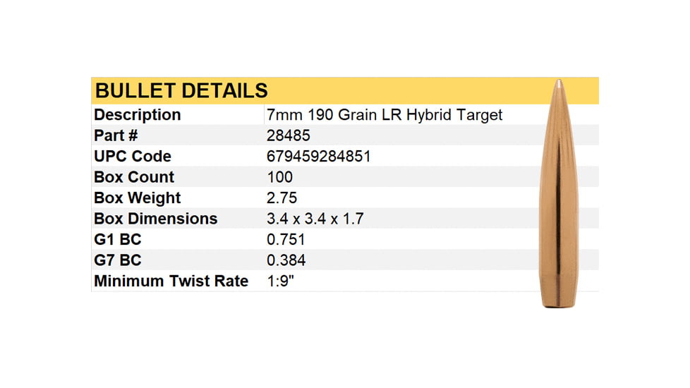Berger 7mm 190 gr Long Range Hybrid Target, 100 Pk, 28485