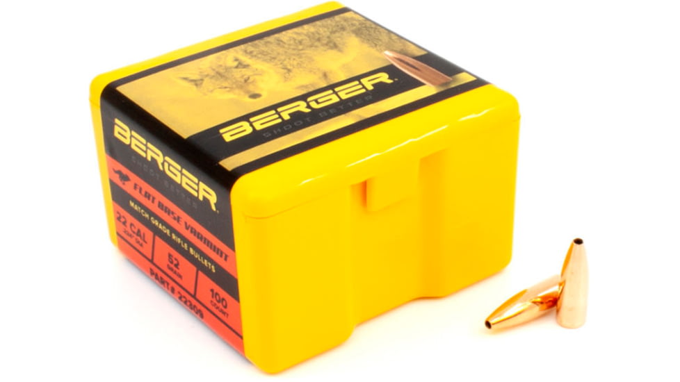 Berger Varmint .22 Caliber 52 Grain Varmint Flat Base Reloading Rifle Bullets, 100 Bullet, 22309