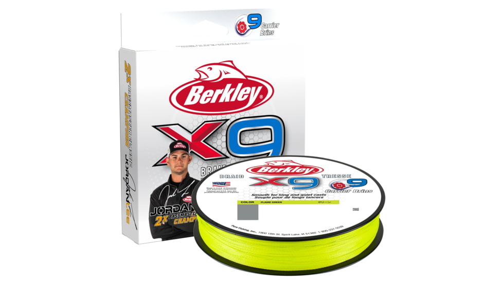 Berkley Jordan Lee x9 Braid Superline, 0.40mm class/0.016in class, 80lb test/100 lbC/45.6kg, 164yd/150m, 20lb, Flame Green, X9JBFS80-GG