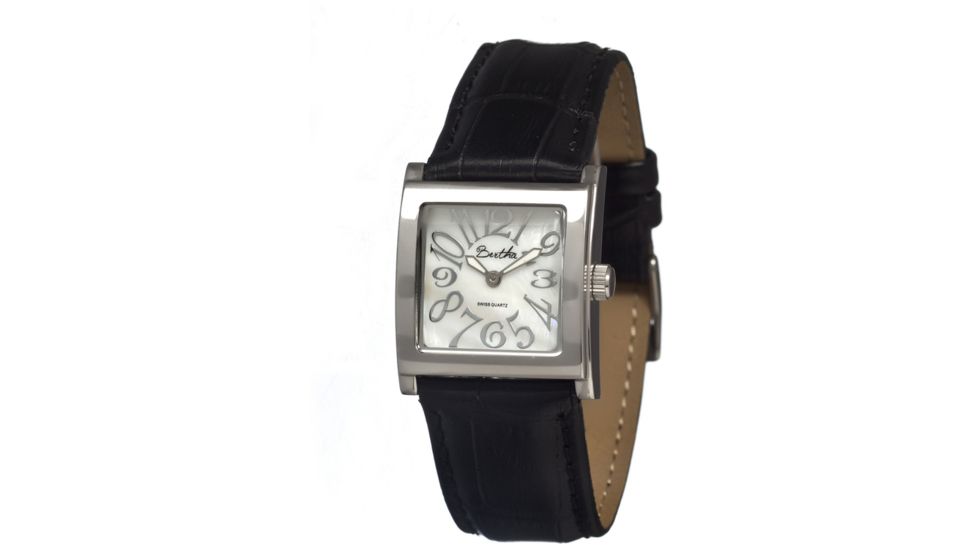 Bertha Bettie Ladies Watch, Black Leather Band, Silver Bezel, White Analog Dial, Silver Hand BTHBR102