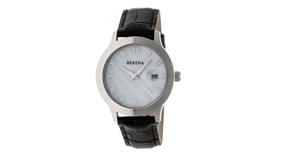 Bertha Eden Mother-Of-Pearl Leather-Band Watch w/Date, Silver/Black, Standard BTHBR6501