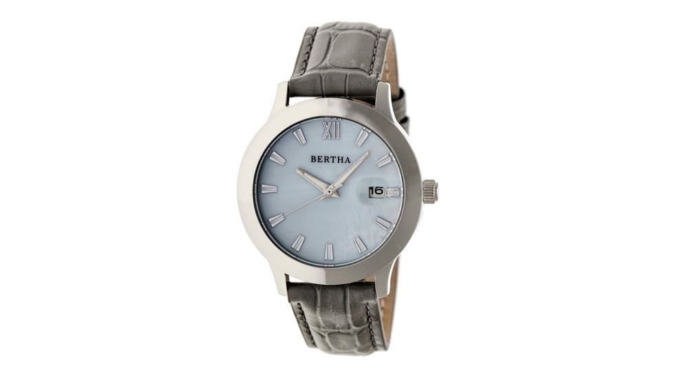 Bertha Eden Mother-Of-Pearl Leather-Band Watch w/Date, Silver/Grey, Standard BTHBR6502