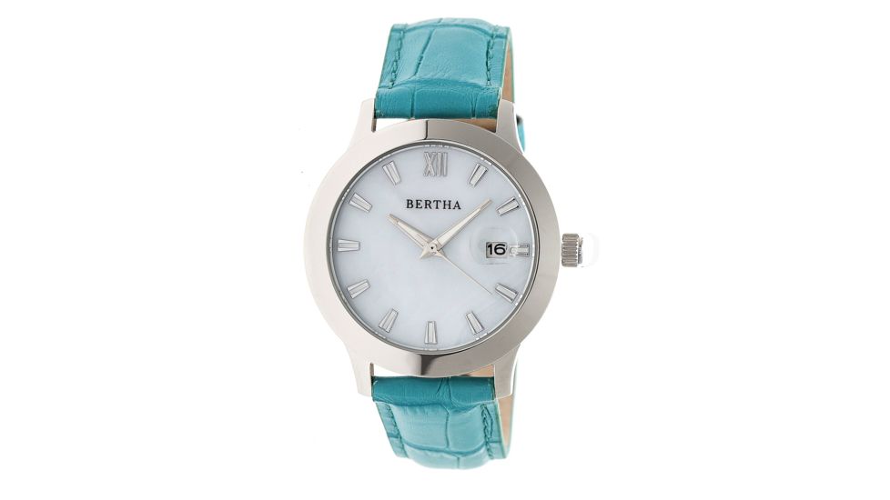Bertha Eden Mother-Of-Pearl Leather-Band Watch w/Date, Silver/Turqouise, Standard BTHBR6503
