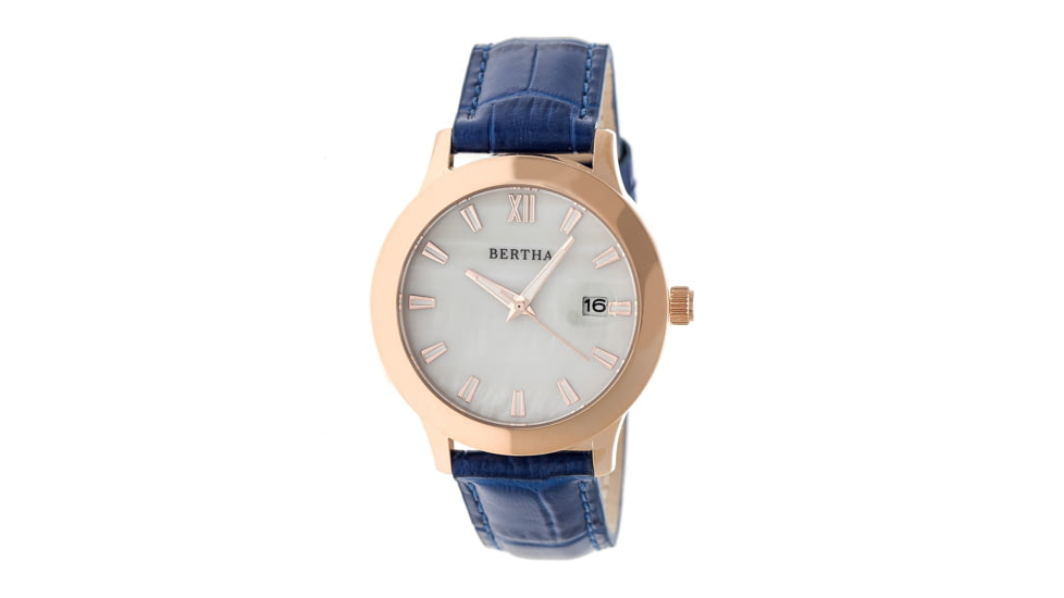 Bertha Eden Mother-Of-Pearl Leather-Band Watch w/Date, Rose Gold/Blue, Standard BTHBR6506