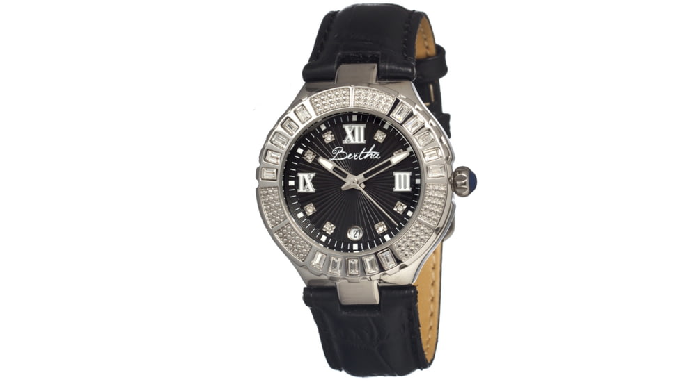 Bertha Evelyn Ladies Watch, Black Leather Band, Crystals Bezel, Black Analog Dial, Silver Hand BTHBR1702