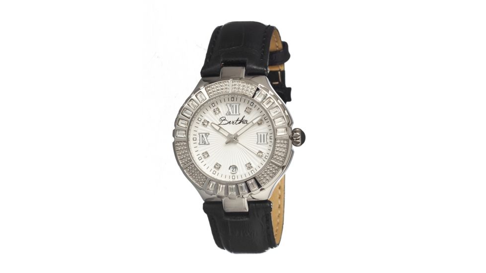 Bertha Evelyn Ladies Watch, Black Leather Band, Crystals Bezel, Silver Analog Dial, Silver Hand BTHBR1701