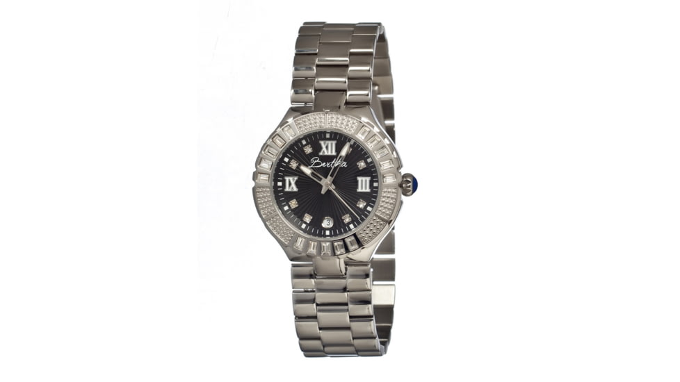 Bertha Evelyn Ladies Watch, Silver Metal Band, Crystals Bezel, Black Analog Dial, Silver Hand BTHBR1705