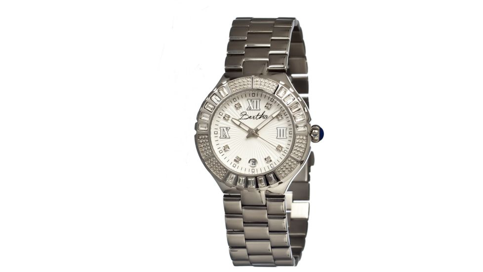 Bertha Evelyn Ladies Watch, Silver Metal Band, Crystals Bezel, Silver Analog Dial, Silver Hand BTHBR1704
