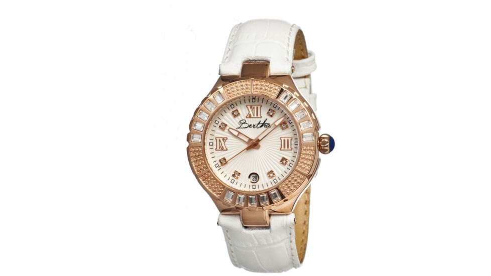 Bertha Evelyn Ladies Watch, White Leather Band, Crystals Bezel, Silver Analog Dial, Rose Gold Hand BTHBR1703