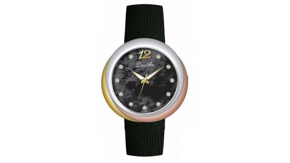 Bertha Jean Ladies Watch, Black Band, Silver Bezel, Black Dial, Gold Hand BTHBR3505