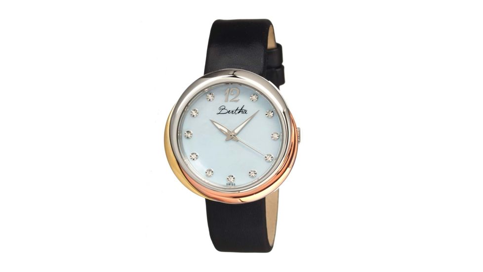 Bertha Jean Ladies Watch, Black Band, Silver Bezel, Light Blue Mother of Pearl Dial, Silver Hand BTHBR3502