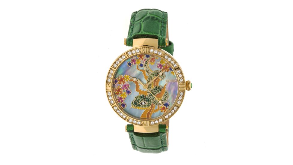 Bertha Mia Mother-Of-Pearl Leather-Band Watch, Multicolor/Green BTHBR7403