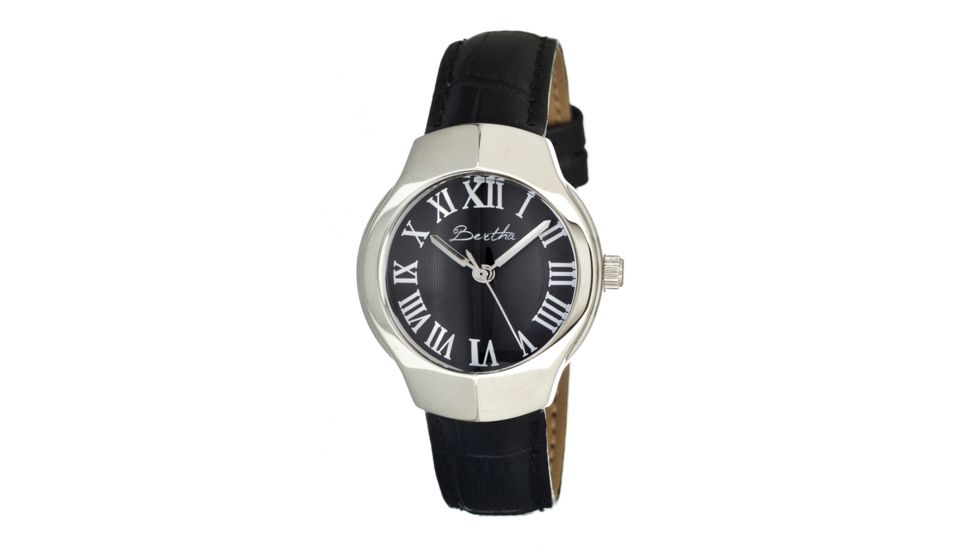 Bertha Pauline Ladies Watch, Black Leather Band, Silver Bezel, Black Analog Dial, Silver Hand BTHBR402